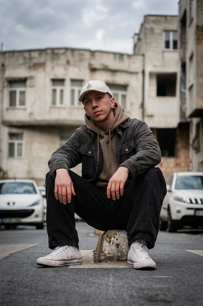 Man in a corduroy overshirt and wide-leg black denim, seated on a street