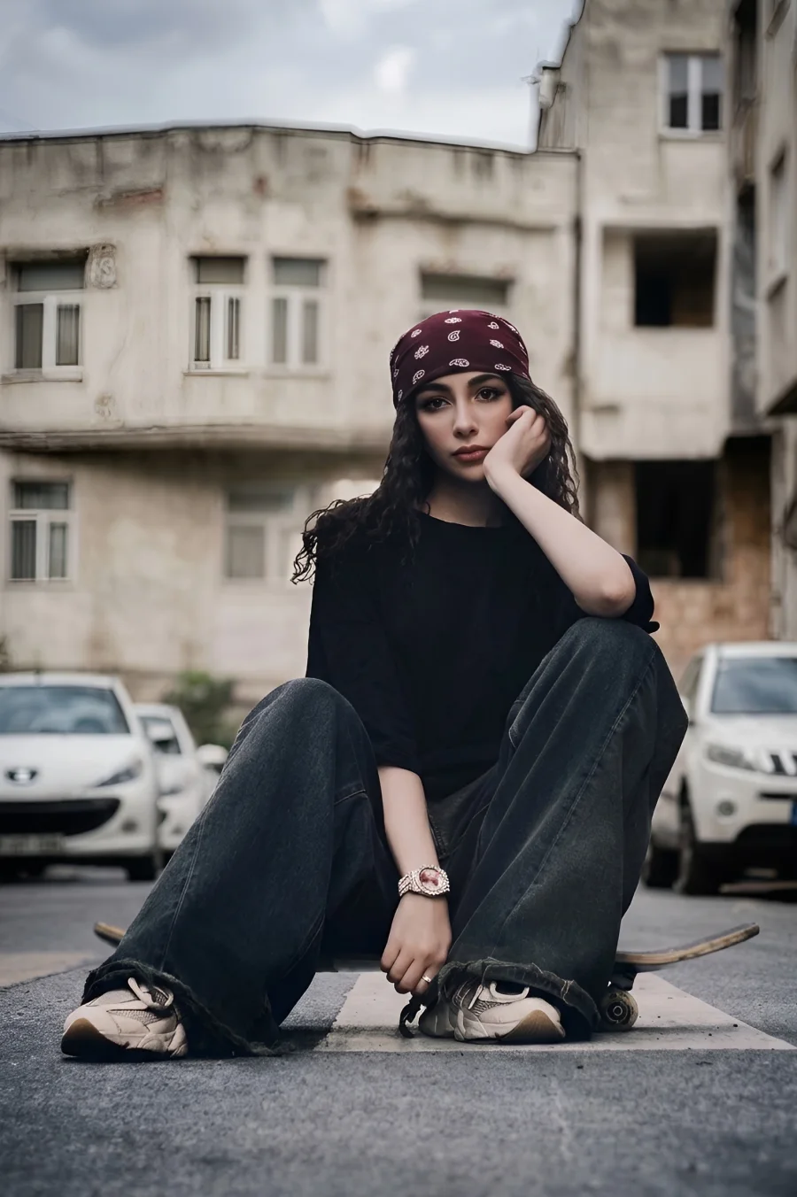 Woman in an oversized tee and wide-leg black denim